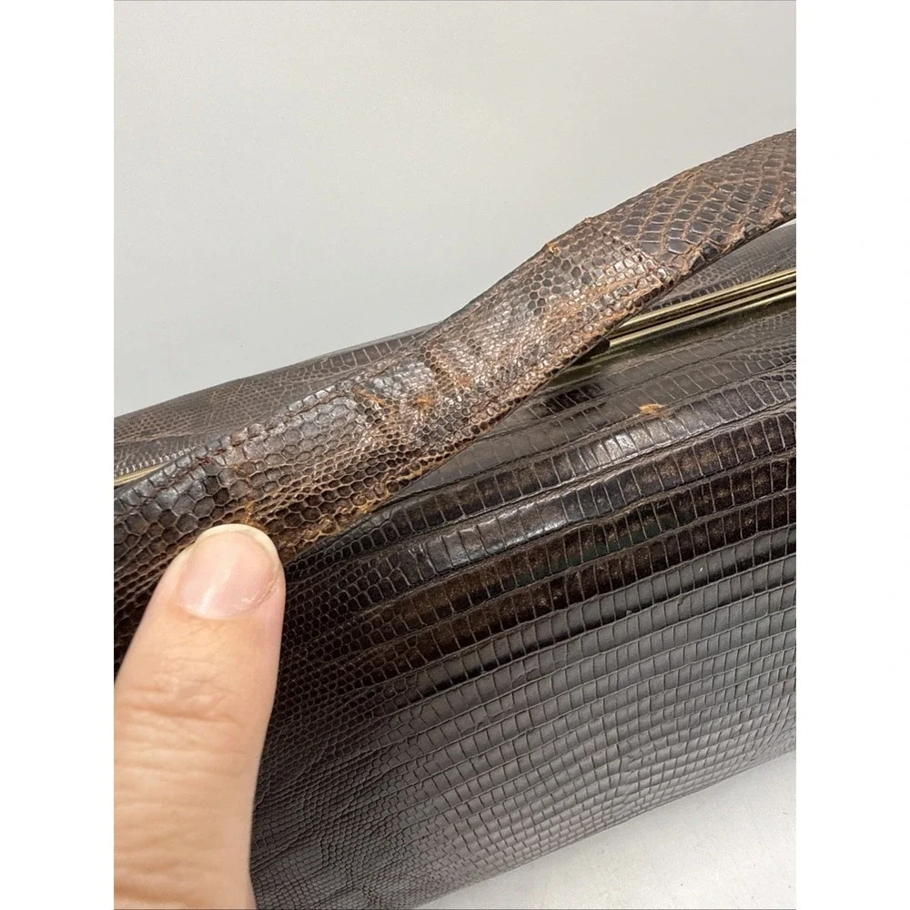 Vintage 1950's Alligator Lizard Brown Hand Bag Purse Gold Accents